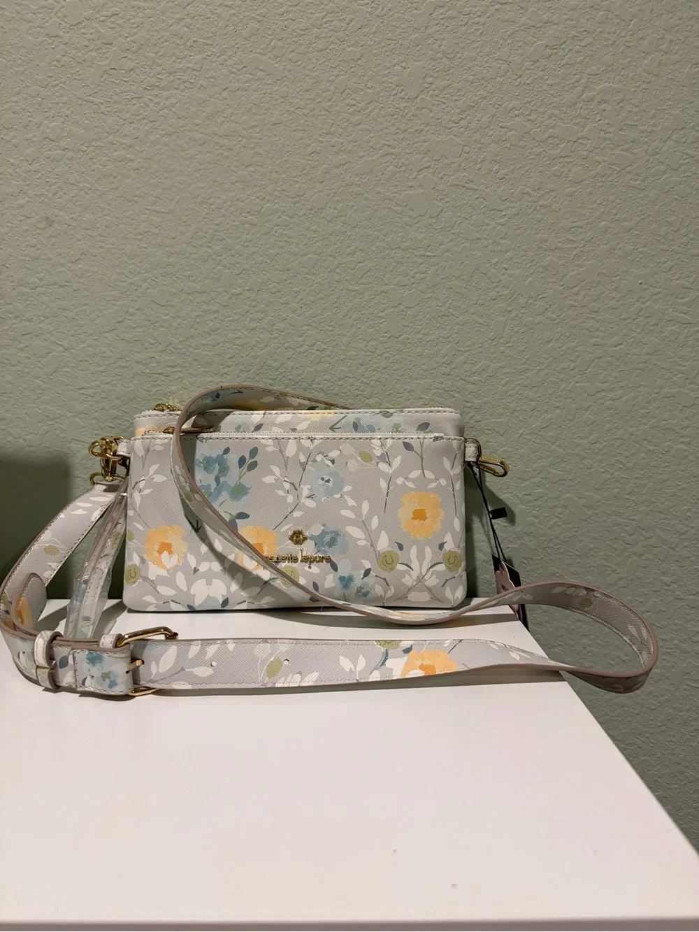 Nanette Lepore Floral Wristlet Clutch in Light Gray with Yellow & Blue Blooms